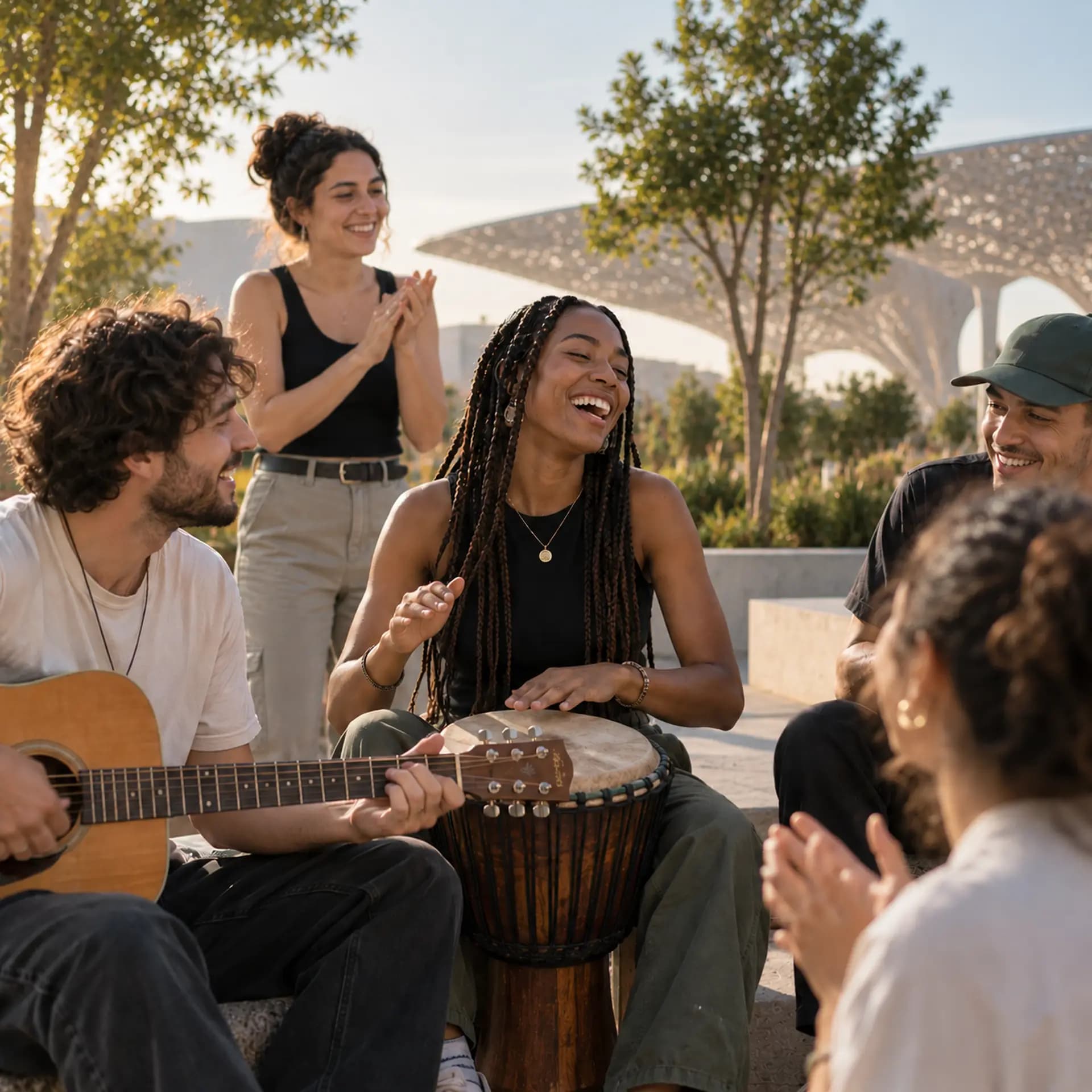 People playing music together outdoors