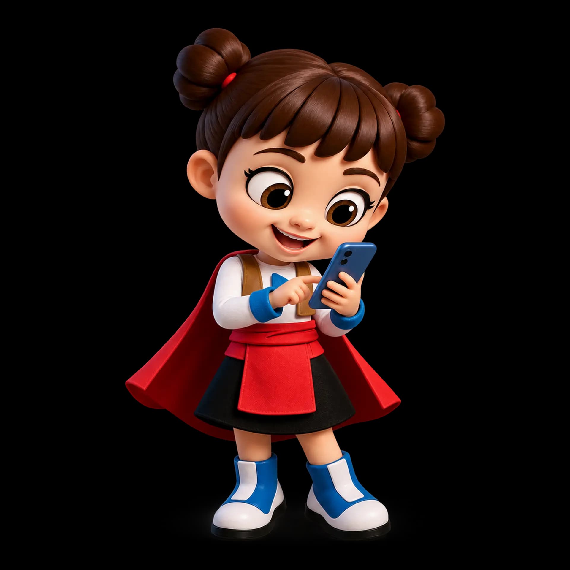 An illustrated girl in a cape filling in the submission form on her phone