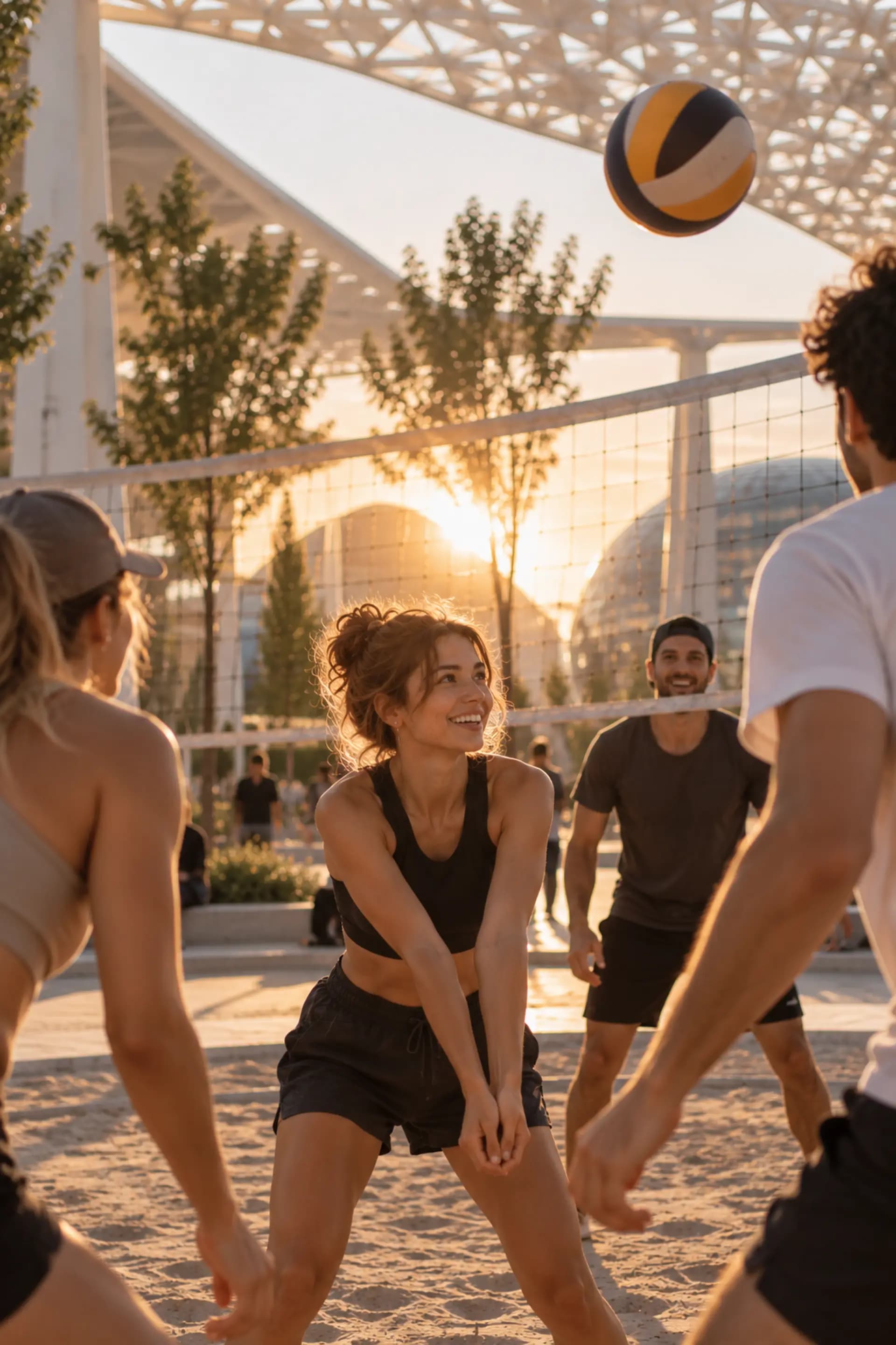 People playing volleyball at sunset